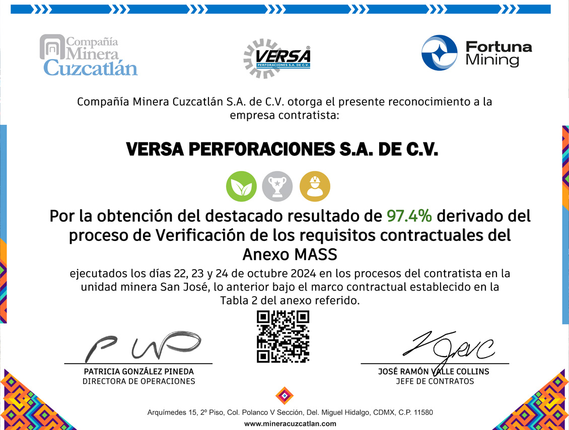 Reconocimiento a Versa Perforaciones S.A. de C.V.